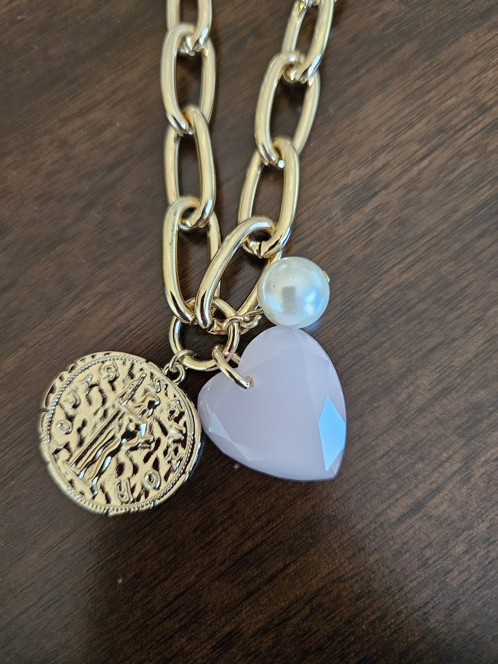 J.Crew Puffy Heart, Coin & Pearl Charm Chain Necklace, Gold/ Pink, White - Picture 4 of 5